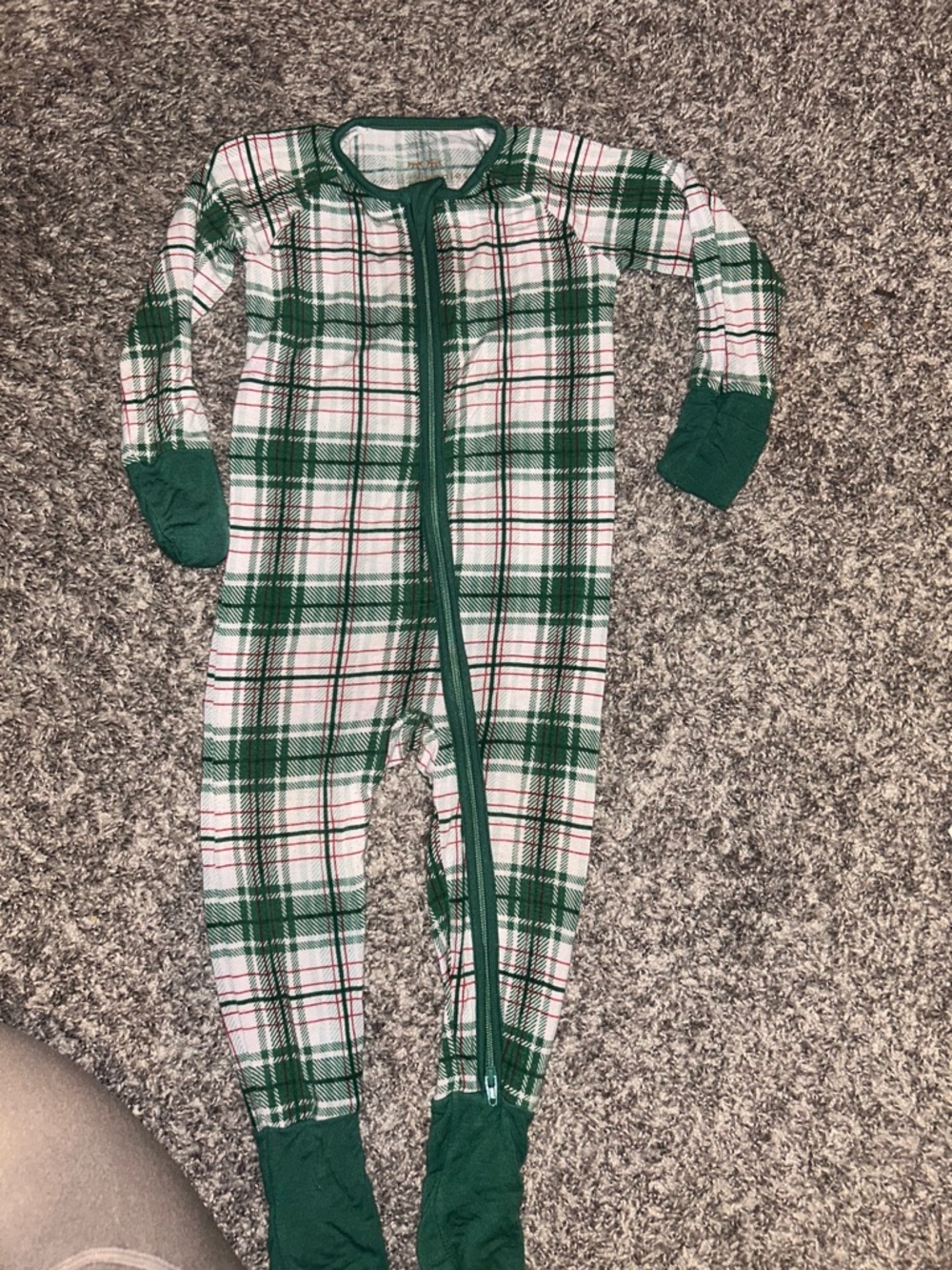 Little Sleepies Green and White Plaid Footed Kids bamboo zippie Pajamas